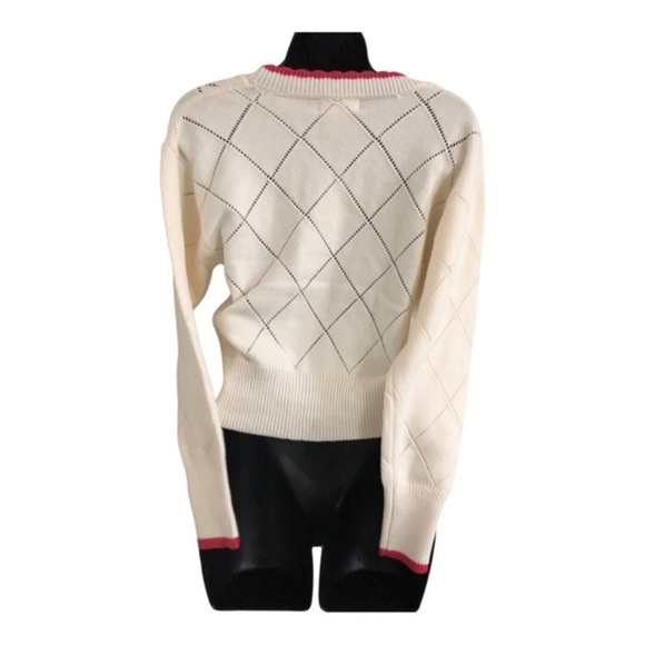 Jessica Simpson cream & pink scalloped trim cherry diamond pattern cardigan sz M - Picture 13 of 17